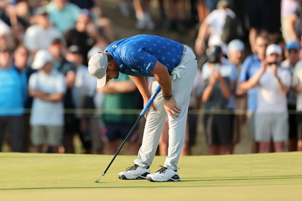 Bryson DeChambeau reacts to his putt on the 15th hole during the second round of The Open Championship